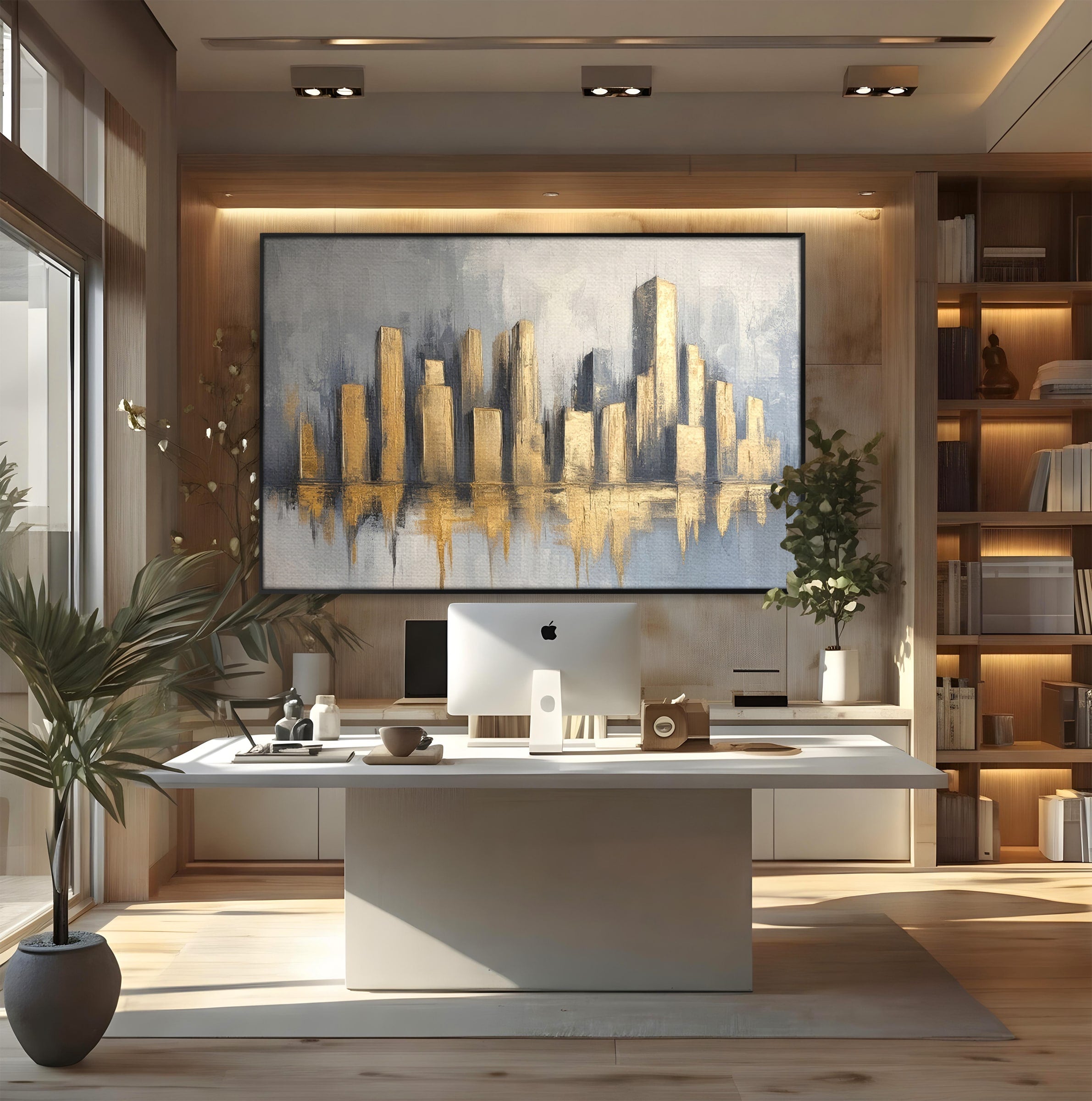 Tablou Canvas Premium LuxCanva® O1021, Orasul De Aur, Oras, Peisaj Urban, Abstract, Aur, Birou, Living, Culori Vibrante