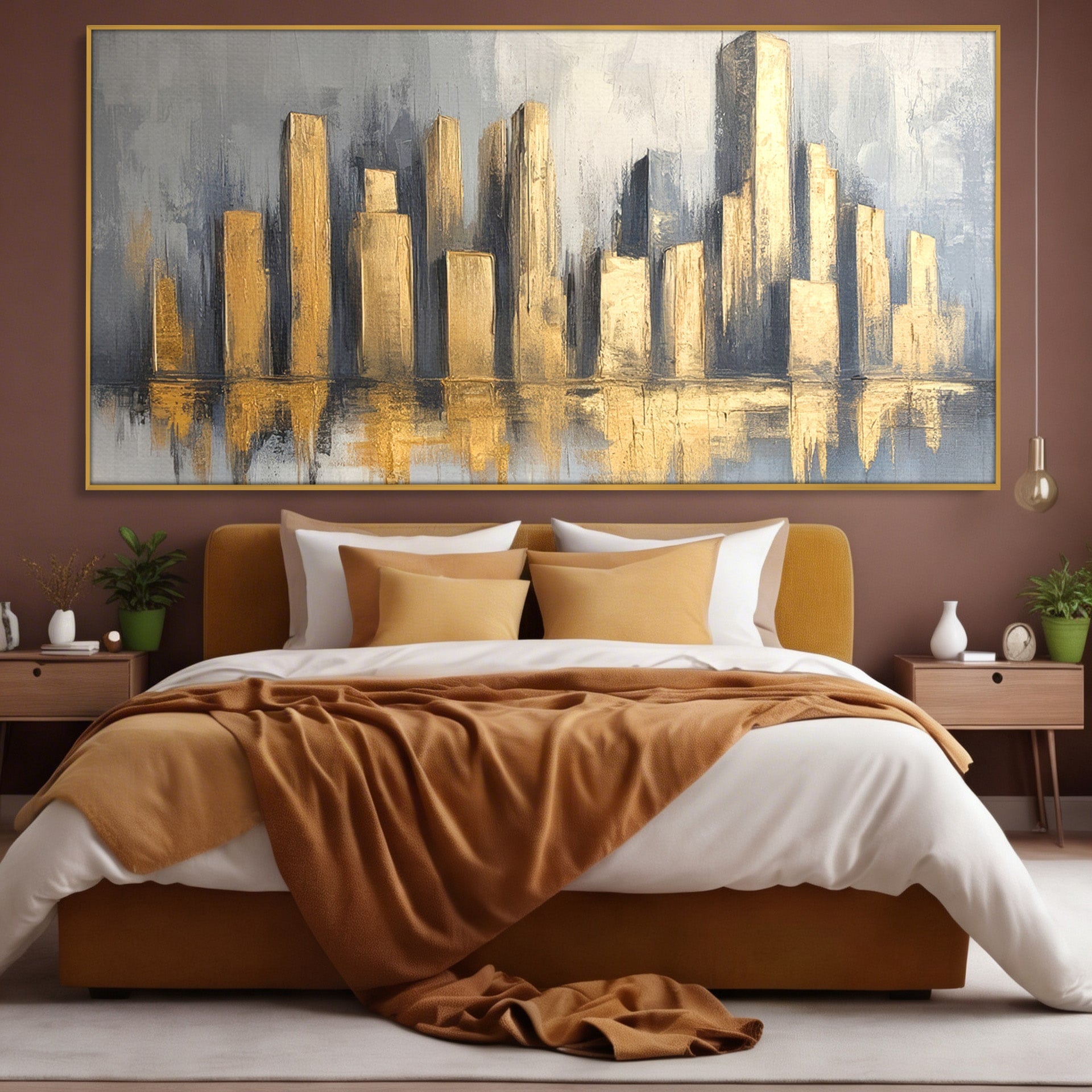 Tablou Canvas Premium LuxCanva® O1021, Orasul De Aur, Oras, Peisaj Urban, Abstract, Aur, Birou, Living, Culori Vibrante