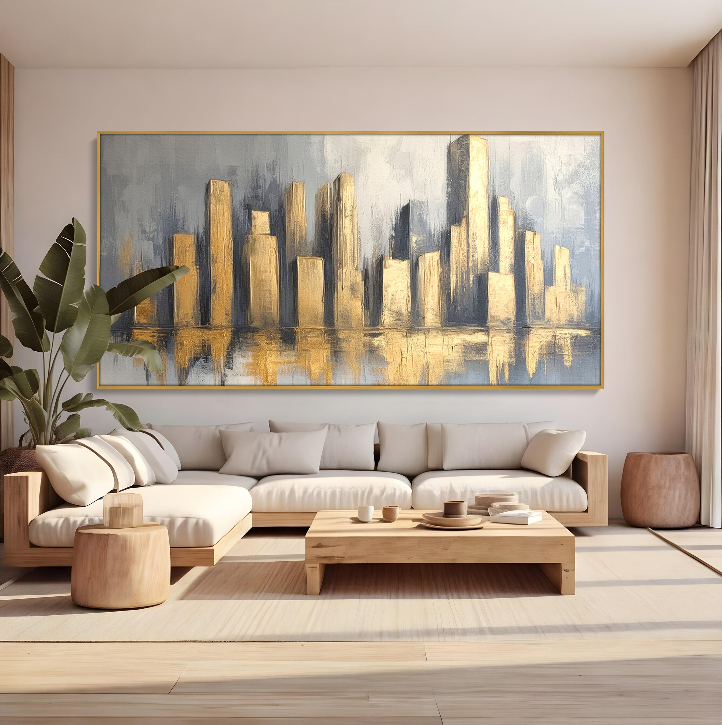 Tablou Canvas Premium LuxCanva® O1021, Orasul De Aur, Oras, Peisaj Urban, Abstract, Aur, Birou, Living, Culori Vibrante