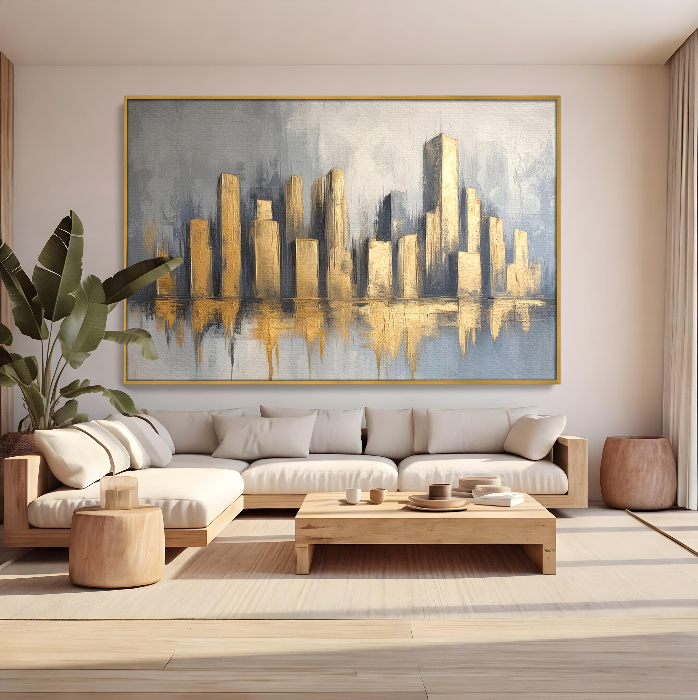 Tablou Canvas Premium LuxCanva® O1021, Orasul De Aur, Oras, Peisaj Urban, Abstract, Aur, Birou, Living, Culori Vibrante
