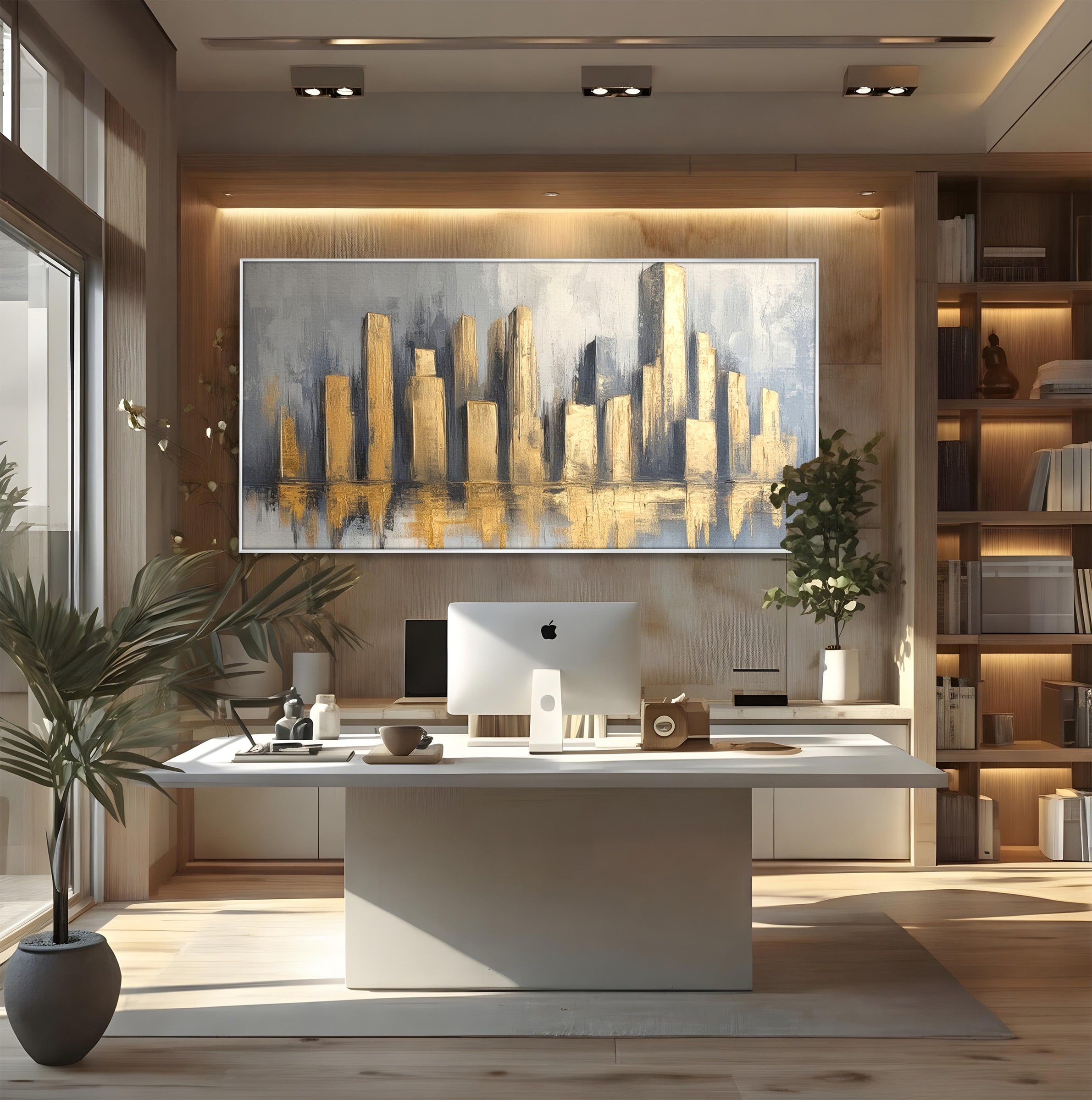 Tablou Canvas Premium LuxCanva® O1021, Orasul De Aur, Oras, Peisaj Urban, Abstract, Aur, Birou, Living, Culori Vibrante