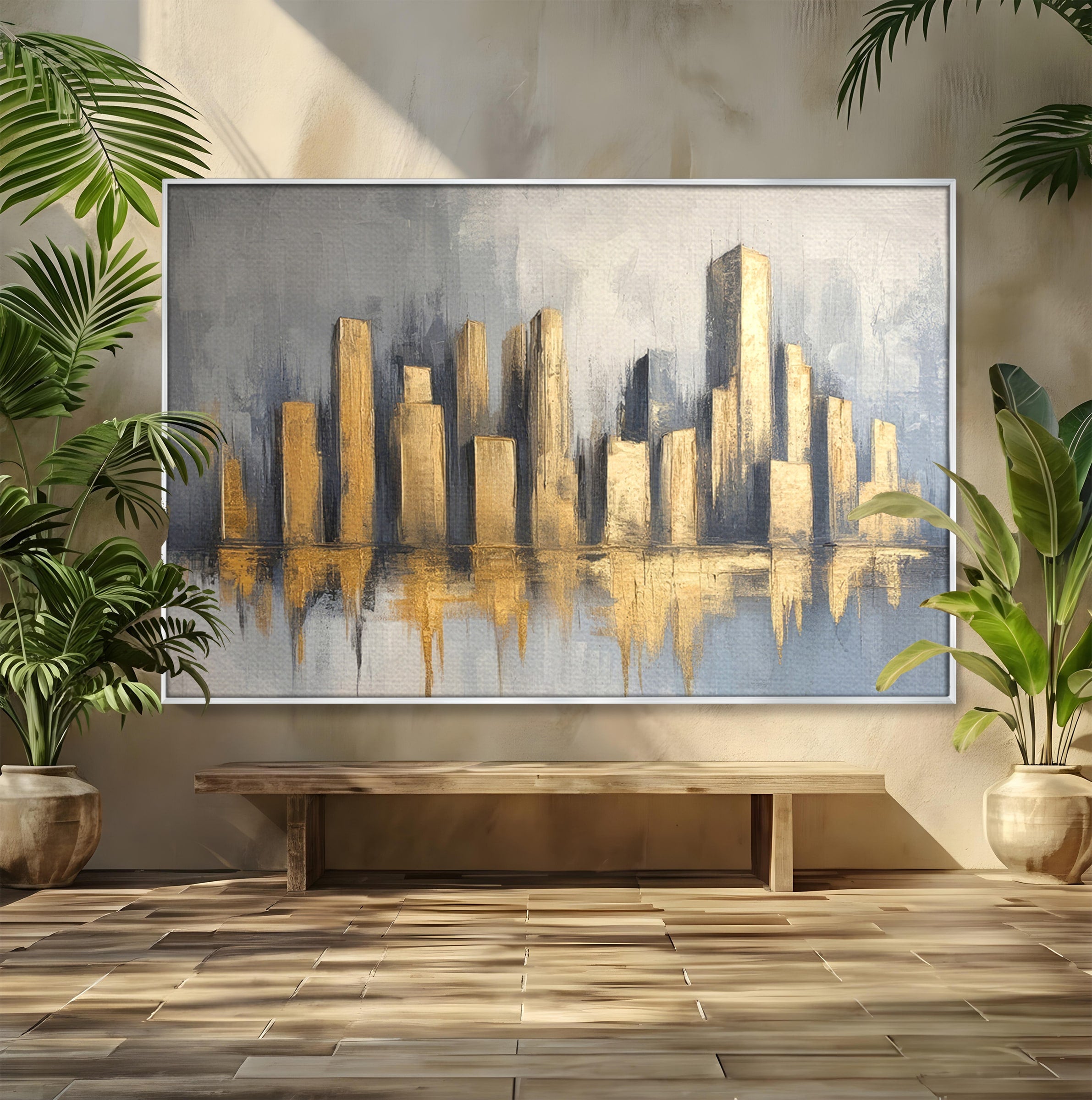 Tablou Canvas Premium LuxCanva® O1021, Orasul De Aur, Oras, Peisaj Urban, Abstract, Aur, Birou, Living, Culori Vibrante