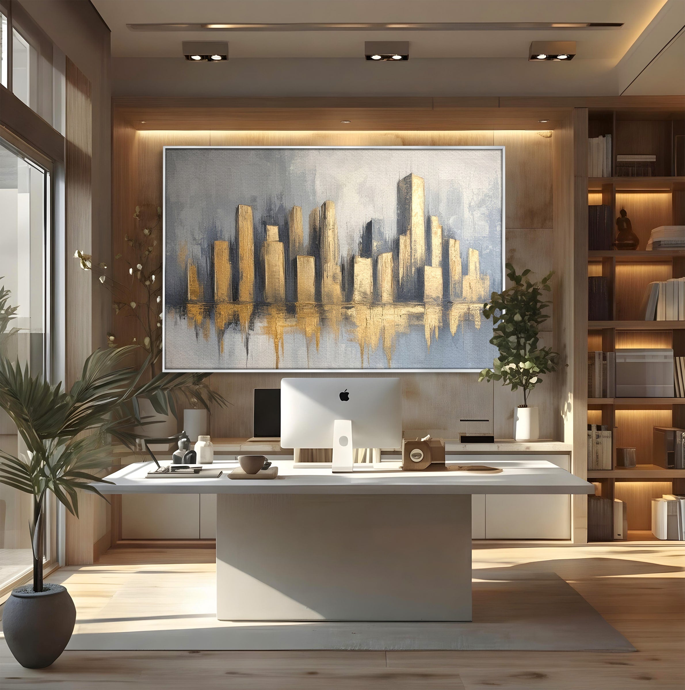 Tablou Canvas Premium LuxCanva® O1021, Orasul De Aur, Oras, Peisaj Urban, Abstract, Aur, Birou, Living, Culori Vibrante