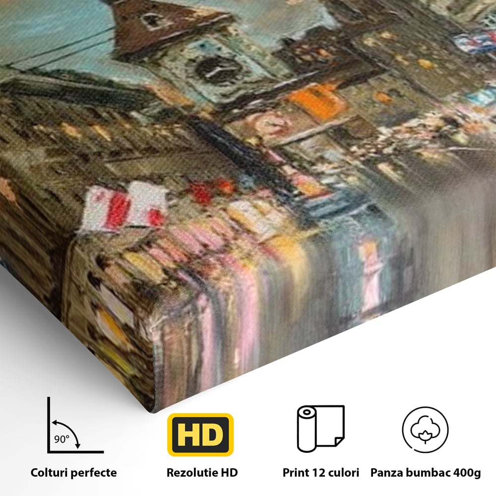 Tablou Canvas Premium, LuxCanva® O1022, Un Ceas in Zare, Istoric, Romantic, Nostalgie, Clasic, Melancolic, Noapte, European, Atmosferic, Ceas, Oras, Vechi, Ploaie, Piata, Turn, Birou, Living,