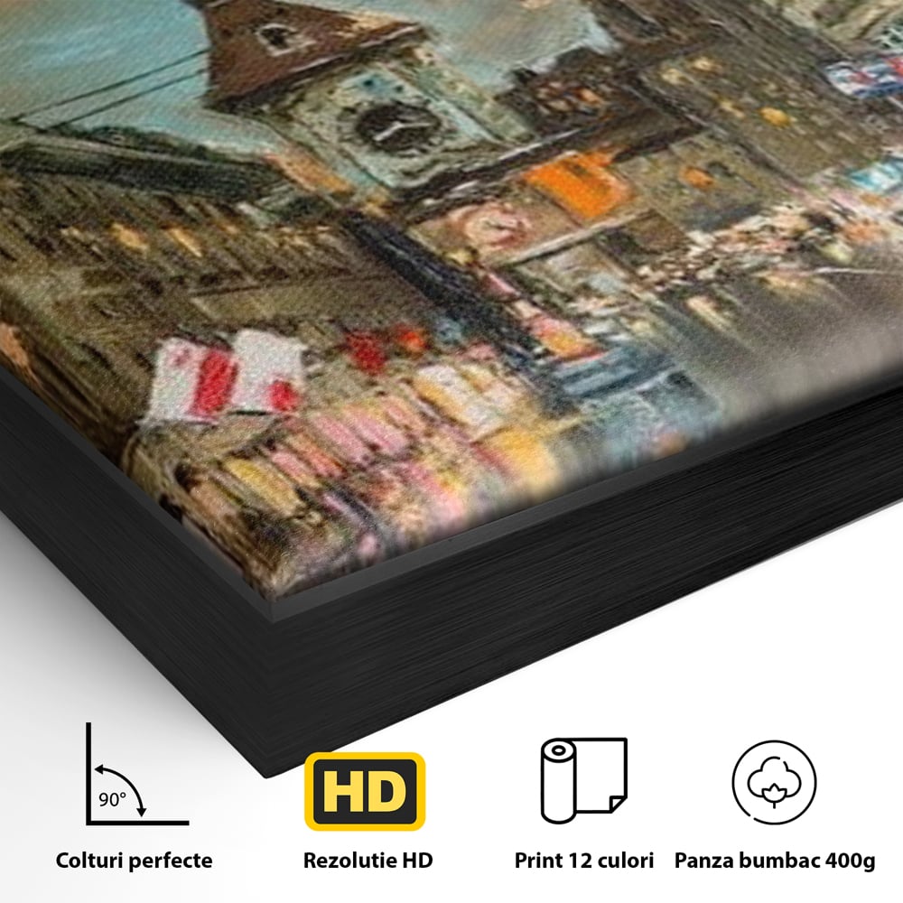 Tablou Canvas Premium, LuxCanva® O1022, Un Ceas in Zare, Istoric, Romantic, Nostalgie, Clasic, Melancolic, Noapte, European, Atmosferic, Ceas, Oras, Vechi, Ploaie, Piata, Turn, Birou, Living,