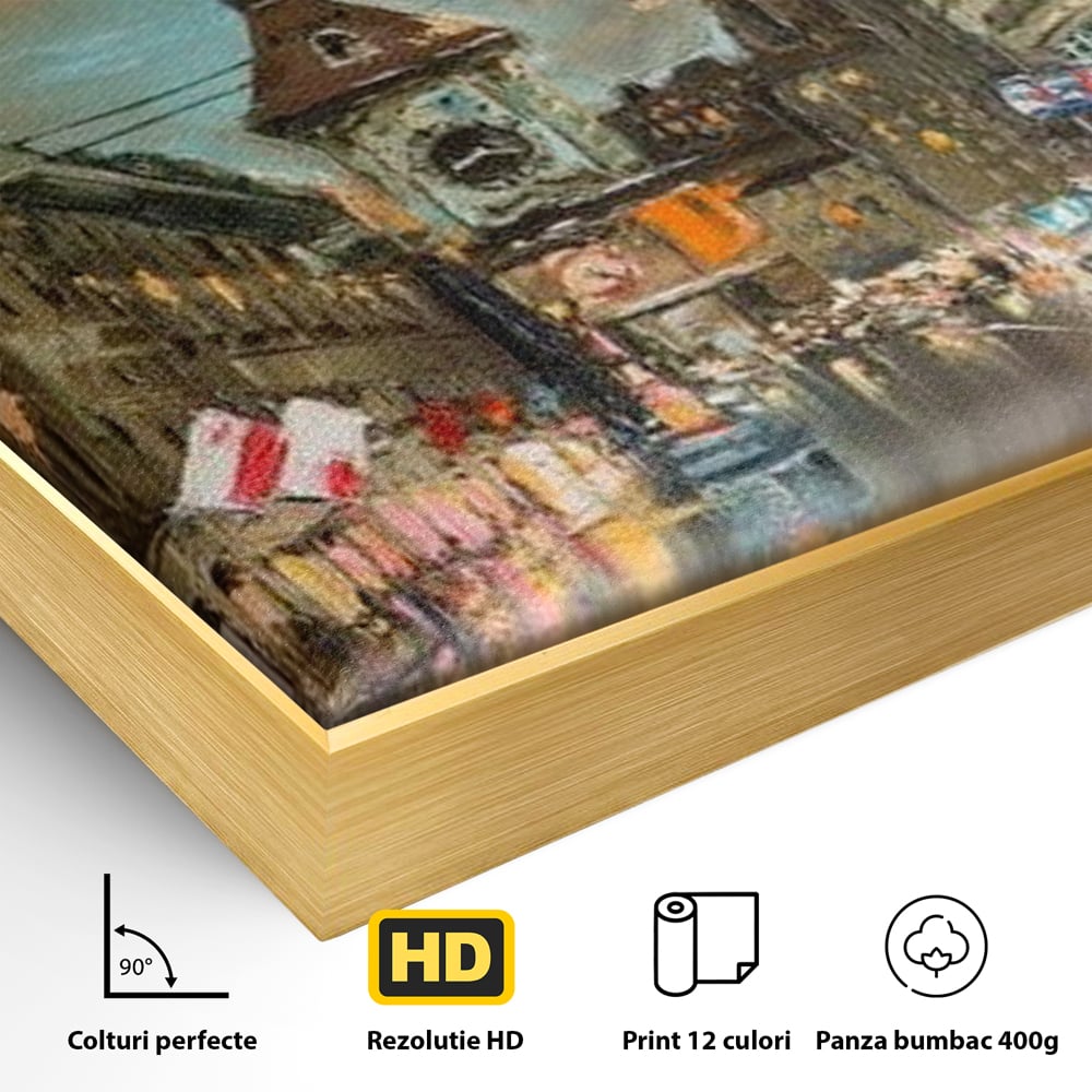Tablou Canvas Premium, LuxCanva® O1022, Un Ceas in Zare, Istoric, Romantic, Nostalgie, Clasic, Melancolic, Noapte, European, Atmosferic, Ceas, Oras, Vechi, Ploaie, Piata, Turn, Birou, Living,