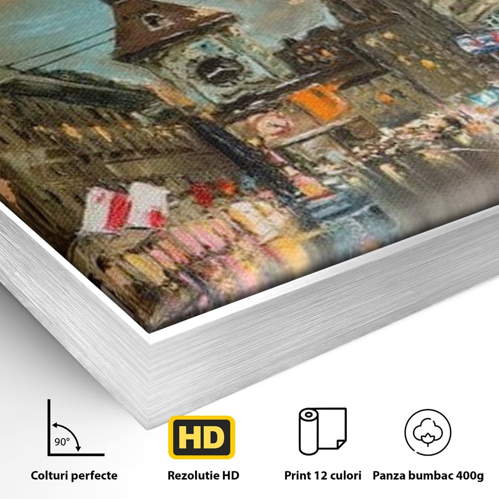 Tablou Canvas Premium, LuxCanva® O1022, Un Ceas in Zare, Istoric, Romantic, Nostalgie, Clasic, Melancolic, Noapte, European, Atmosferic, Ceas, Oras, Vechi, Ploaie, Piata, Turn, Birou, Living,