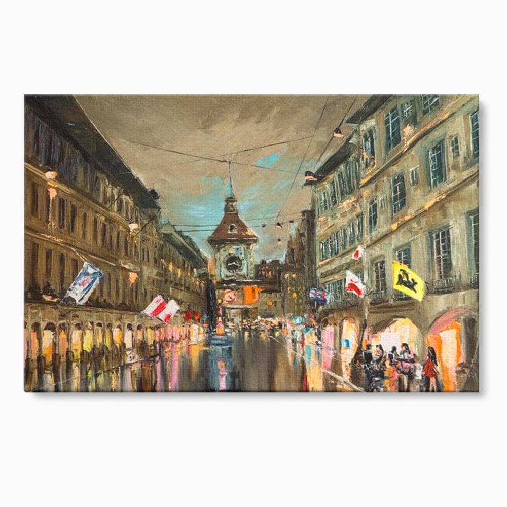 Tablou Canvas Premium, LuxCanva® O1022, Un Ceas in Zare, Istoric, Romantic, Nostalgie, Clasic, Melancolic, Noapte, European, Atmosferic, Ceas, Oras, Vechi, Ploaie, Piata, Turn, Birou, Living,