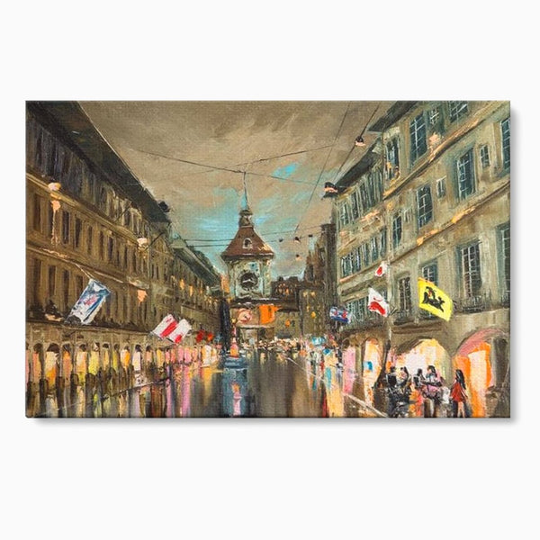 Tablou Canvas Premium, LuxCanva® O1022, Un Ceas in Zare, Istoric, Romantic, Nostalgie, Clasic, Melancolic, Noapte, European, Atmosferic, Ceas, Oras, Vechi, Ploaie, Piata, Turn, Birou, Living,