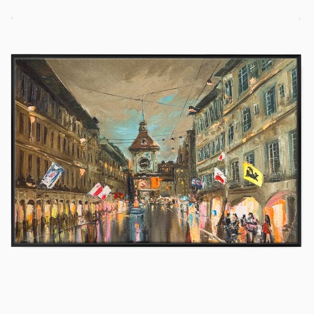 Tablou Canvas Premium, LuxCanva® O1022, Un Ceas in Zare, Istoric, Romantic, Nostalgie, Clasic, Melancolic, Noapte, European, Atmosferic, Ceas, Oras, Vechi, Ploaie, Piata, Turn, Birou, Living,