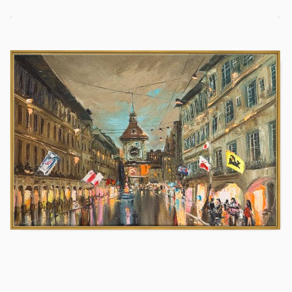 Tablou Canvas Premium, LuxCanva® O1022, Un Ceas in Zare, Istoric, Romantic, Nostalgie, Clasic, Melancolic, Noapte, European, Atmosferic, Ceas, Oras, Vechi, Ploaie, Piata, Turn, Birou, Living,