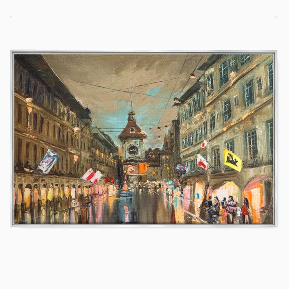 Tablou Canvas Premium, LuxCanva® O1022, Un Ceas in Zare, Istoric, Romantic, Nostalgie, Clasic, Melancolic, Noapte, European, Atmosferic, Ceas, Oras, Vechi, Ploaie, Piata, Turn, Birou, Living,
