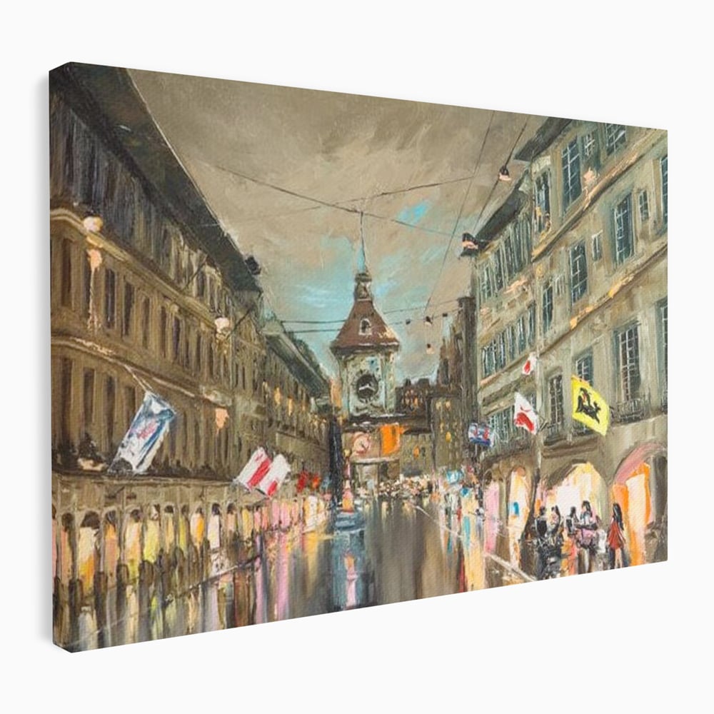 Tablou Canvas Premium, LuxCanva® O1022, Un Ceas in Zare, Istoric, Romantic, Nostalgie, Clasic, Melancolic, Noapte, European, Atmosferic, Ceas, Oras, Vechi, Ploaie, Piata, Turn, Birou, Living,