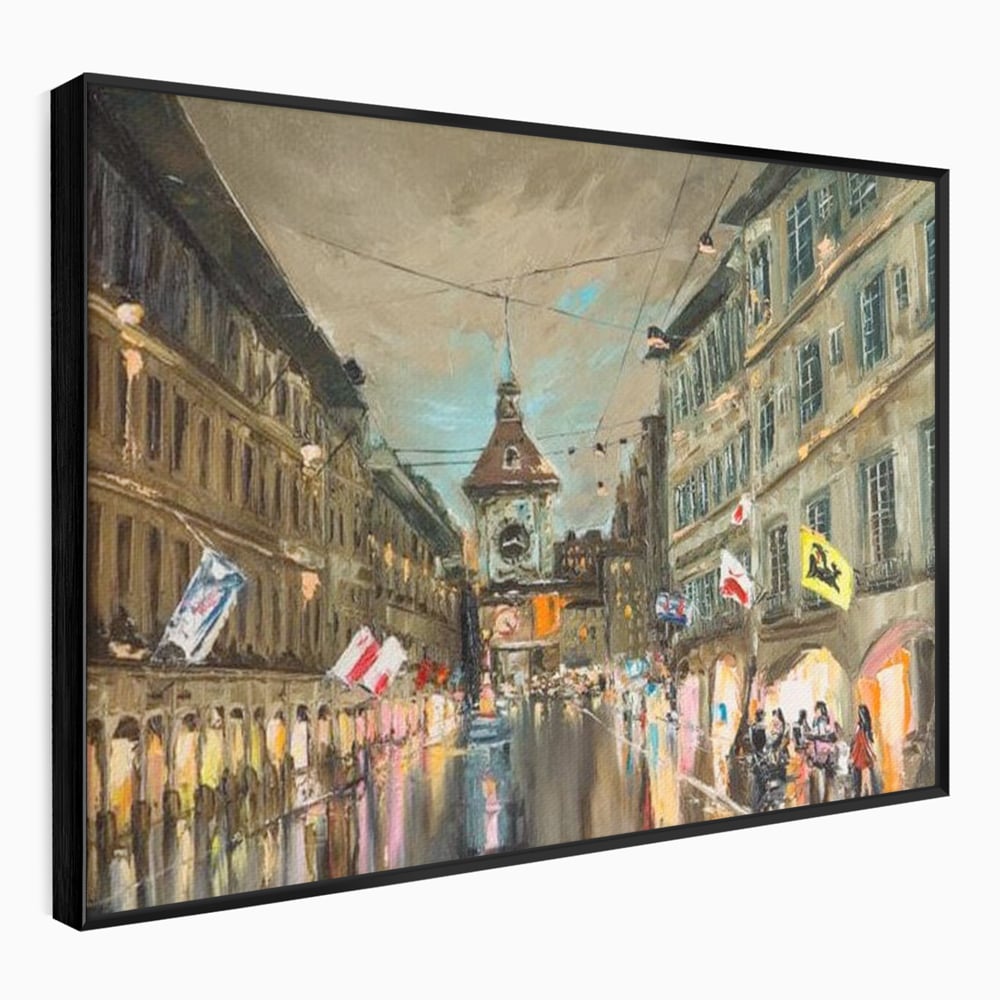 Tablou Canvas Premium, LuxCanva® O1022, Un Ceas in Zare, Istoric, Romantic, Nostalgie, Clasic, Melancolic, Noapte, European, Atmosferic, Ceas, Oras, Vechi, Ploaie, Piata, Turn, Birou, Living,