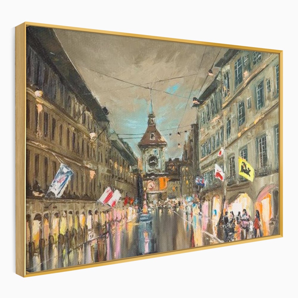 Tablou Canvas Premium, LuxCanva® O1022, Un Ceas in Zare, Istoric, Romantic, Nostalgie, Clasic, Melancolic, Noapte, European, Atmosferic, Ceas, Oras, Vechi, Ploaie, Piata, Turn, Birou, Living,