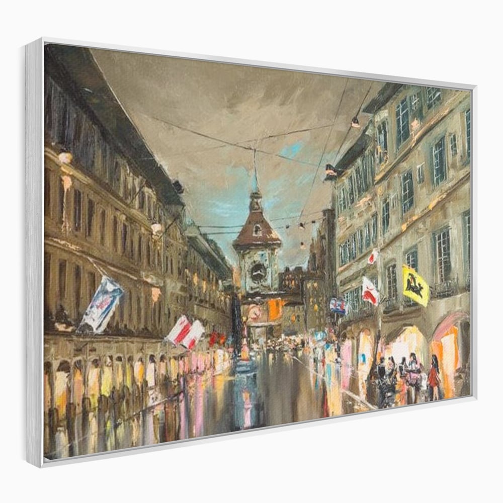 Tablou Canvas Premium, LuxCanva® O1022, Un Ceas in Zare, Istoric, Romantic, Nostalgie, Clasic, Melancolic, Noapte, European, Atmosferic, Ceas, Oras, Vechi, Ploaie, Piata, Turn, Birou, Living,