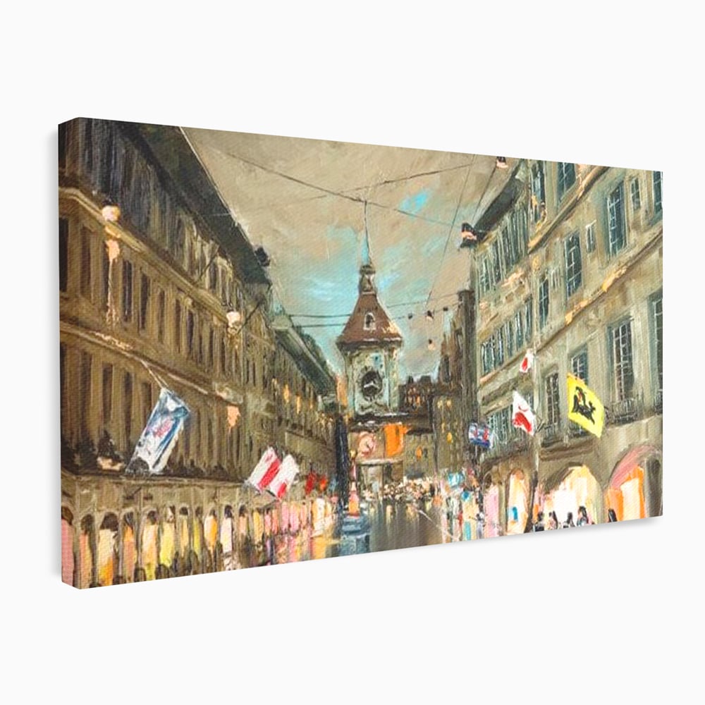 Tablou Canvas Premium, LuxCanva® O1022, Un Ceas in Zare, Istoric, Romantic, Nostalgie, Clasic, Melancolic, Noapte, European, Atmosferic, Ceas, Oras, Vechi, Ploaie, Piata, Turn, Birou, Living,