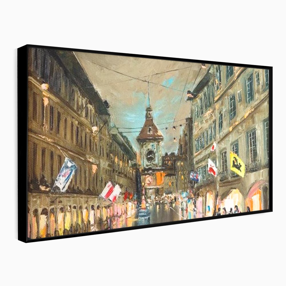 Tablou Canvas Premium, LuxCanva® O1022, Un Ceas in Zare, Istoric, Romantic, Nostalgie, Clasic, Melancolic, Noapte, European, Atmosferic, Ceas, Oras, Vechi, Ploaie, Piata, Turn, Birou, Living,