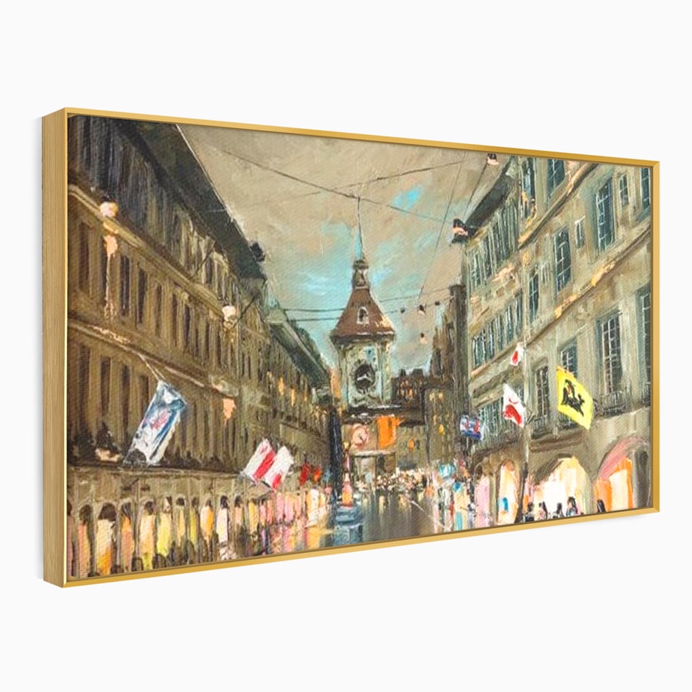 Tablou Canvas Premium, LuxCanva® O1022, Un Ceas in Zare, Istoric, Romantic, Nostalgie, Clasic, Melancolic, Noapte, European, Atmosferic, Ceas, Oras, Vechi, Ploaie, Piata, Turn, Birou, Living,