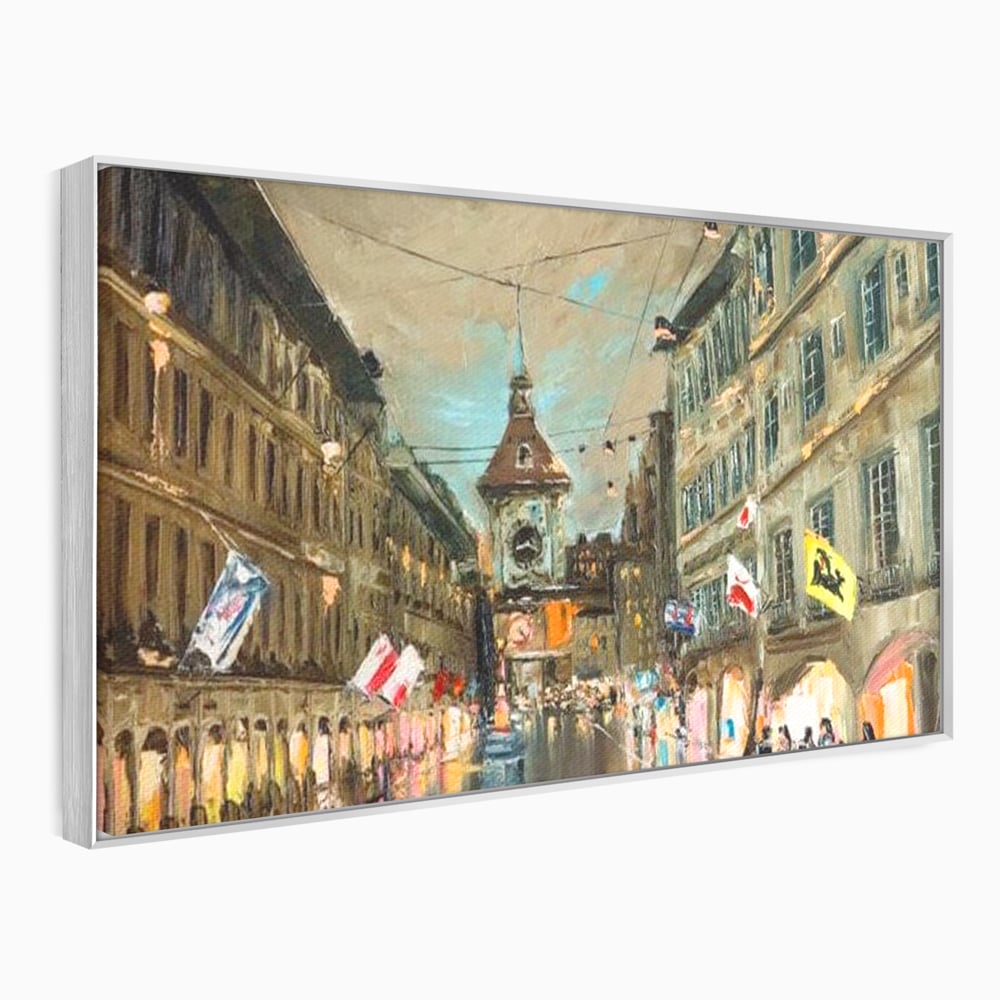 Tablou Canvas Premium, LuxCanva® O1022, Un Ceas in Zare, Istoric, Romantic, Nostalgie, Clasic, Melancolic, Noapte, European, Atmosferic, Ceas, Oras, Vechi, Ploaie, Piata, Turn, Birou, Living,