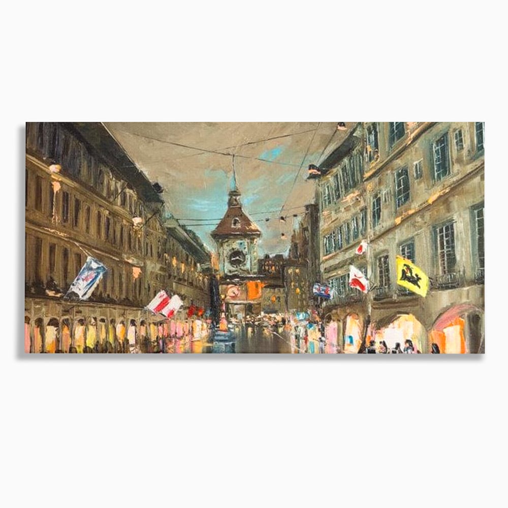 Tablou Canvas Premium, LuxCanva® O1022, Un Ceas in Zare, Istoric, Romantic, Nostalgie, Clasic, Melancolic, Noapte, European, Atmosferic, Ceas, Oras, Vechi, Ploaie, Piata, Turn, Birou, Living,