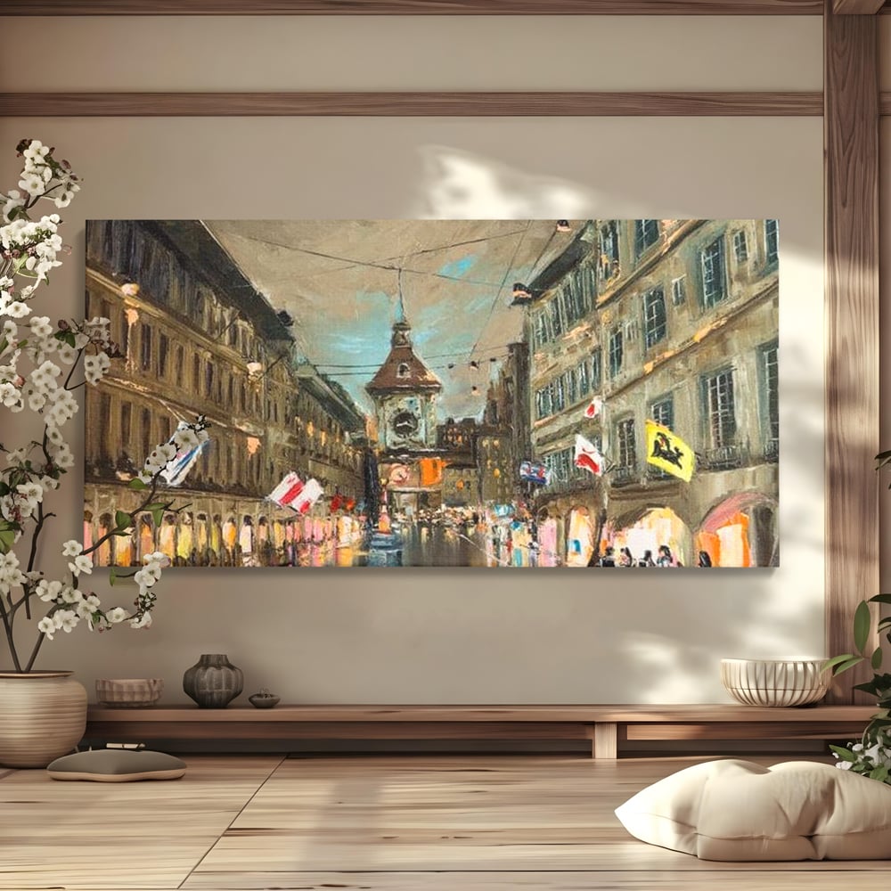 Tablou Canvas Premium, LuxCanva® O1022, Un Ceas in Zare, Istoric, Romantic, Nostalgie, Clasic, Melancolic, Noapte, European, Atmosferic, Ceas, Oras, Vechi, Ploaie, Piata, Turn, Birou, Living,