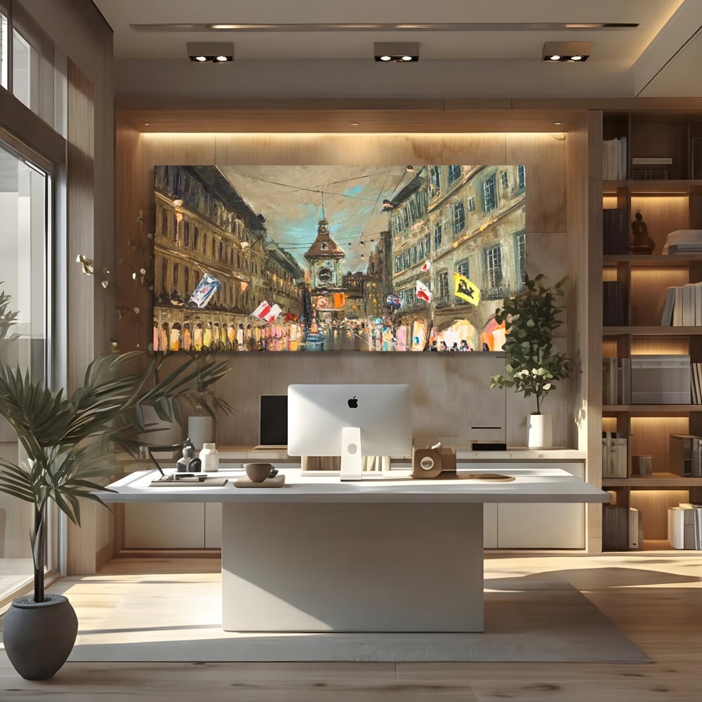 Tablou Canvas Premium, LuxCanva® O1022, Un Ceas in Zare, Istoric, Romantic, Nostalgie, Clasic, Melancolic, Noapte, European, Atmosferic, Ceas, Oras, Vechi, Ploaie, Piata, Turn, Birou, Living,