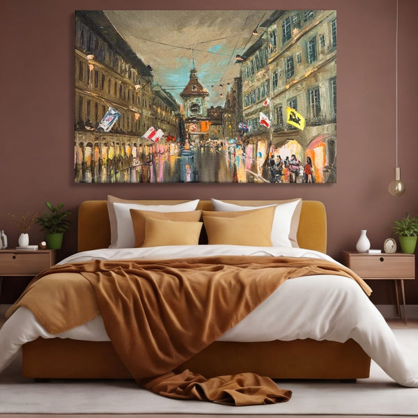 Tablou Canvas Premium, LuxCanva® O1022, Un Ceas in Zare, Istoric, Romantic, Nostalgie, Clasic, Melancolic, Noapte, European, Atmosferic, Ceas, Oras, Vechi, Ploaie, Piata, Turn, Birou, Living,