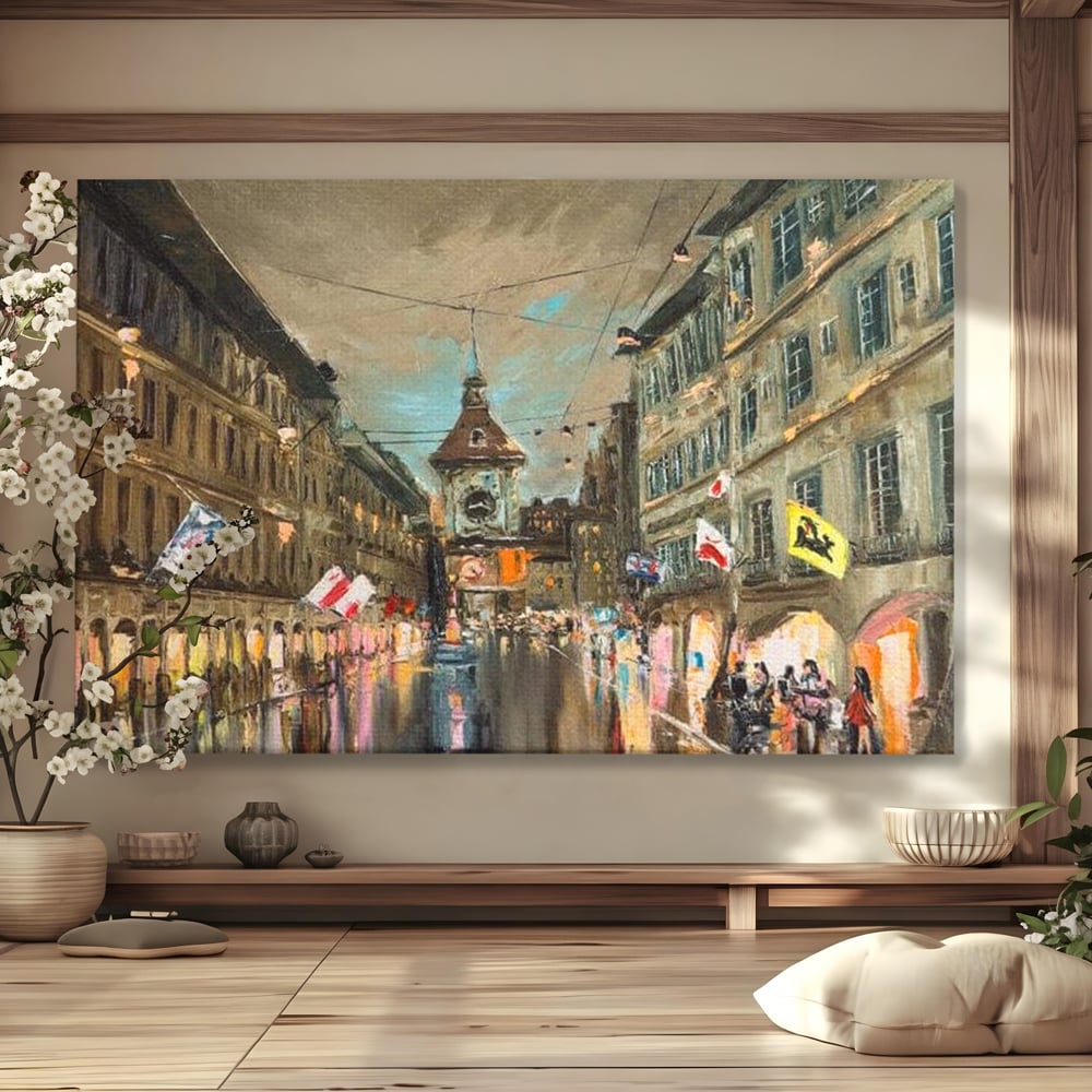 Tablou Canvas Premium, LuxCanva® O1022, Un Ceas in Zare, Istoric, Romantic, Nostalgie, Clasic, Melancolic, Noapte, European, Atmosferic, Ceas, Oras, Vechi, Ploaie, Piata, Turn, Birou, Living,