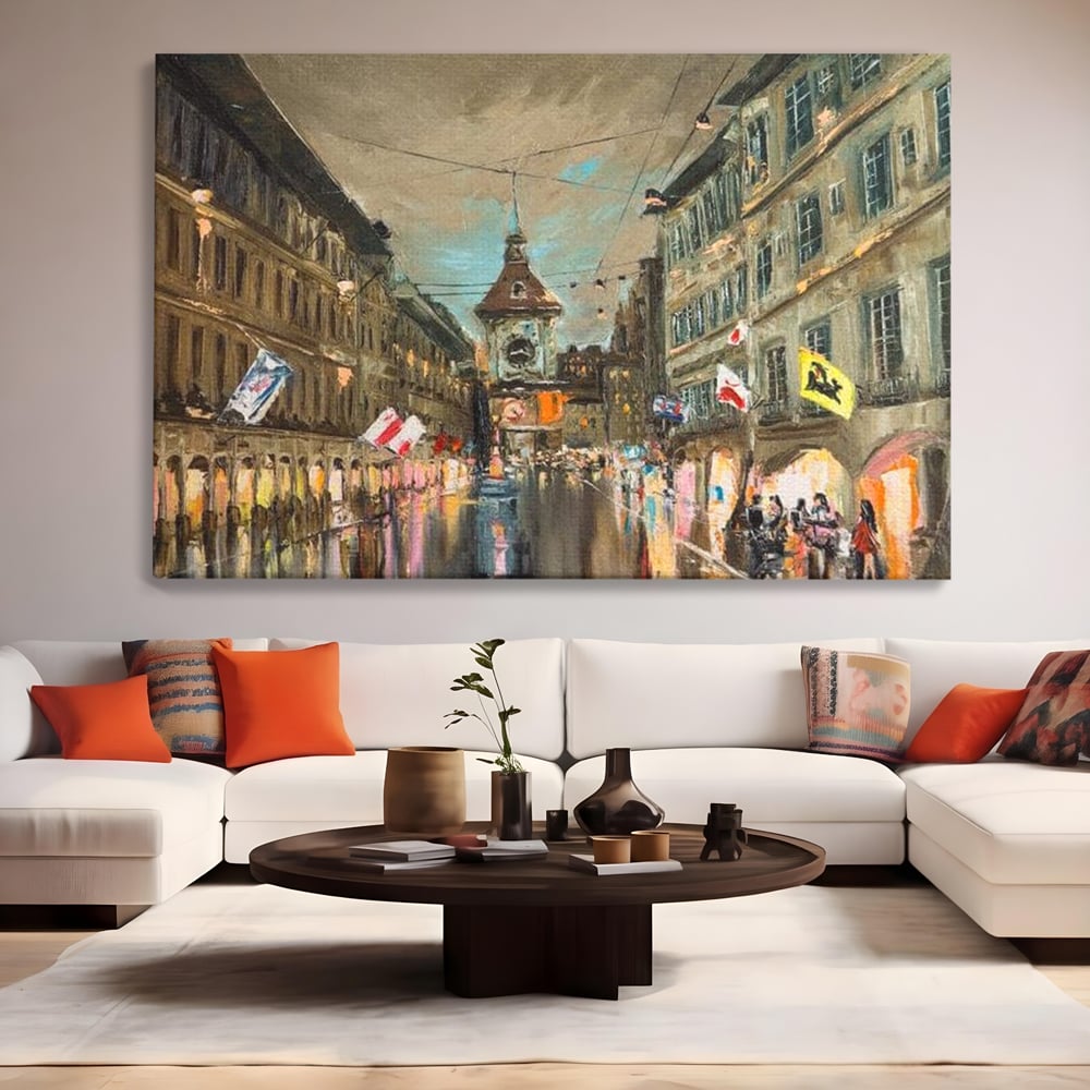 Tablou Canvas Premium, LuxCanva® O1022, Un Ceas in Zare, Istoric, Romantic, Nostalgie, Clasic, Melancolic, Noapte, European, Atmosferic, Ceas, Oras, Vechi, Ploaie, Piata, Turn, Birou, Living,