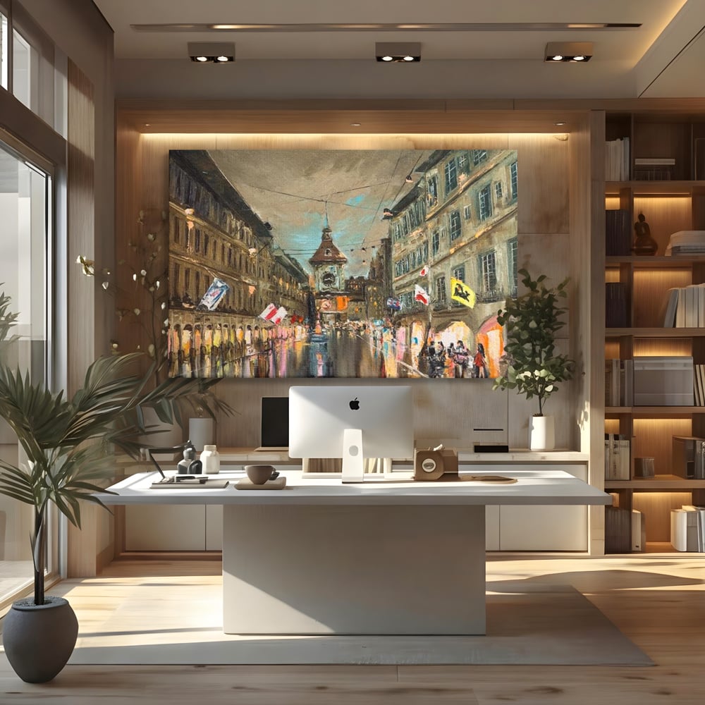 Tablou Canvas Premium, LuxCanva® O1022, Un Ceas in Zare, Istoric, Romantic, Nostalgie, Clasic, Melancolic, Noapte, European, Atmosferic, Ceas, Oras, Vechi, Ploaie, Piata, Turn, Birou, Living,