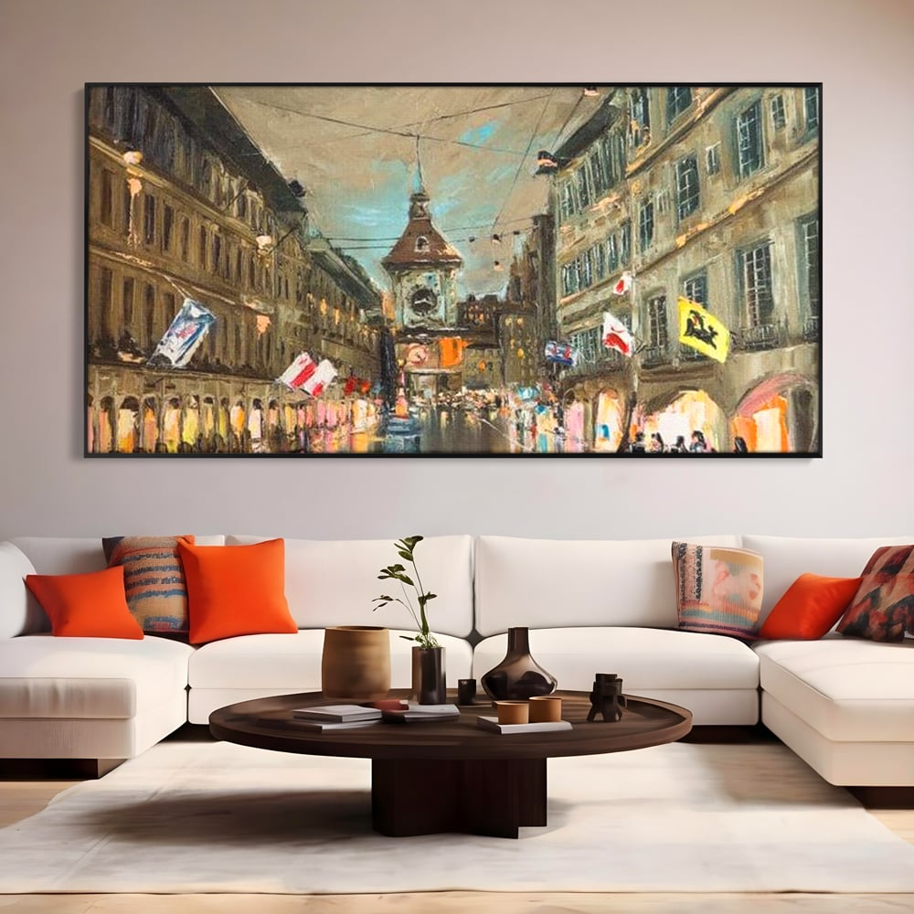 Tablou Canvas Premium, LuxCanva® O1022, Un Ceas in Zare, Istoric, Romantic, Nostalgie, Clasic, Melancolic, Noapte, European, Atmosferic, Ceas, Oras, Vechi, Ploaie, Piata, Turn, Birou, Living,