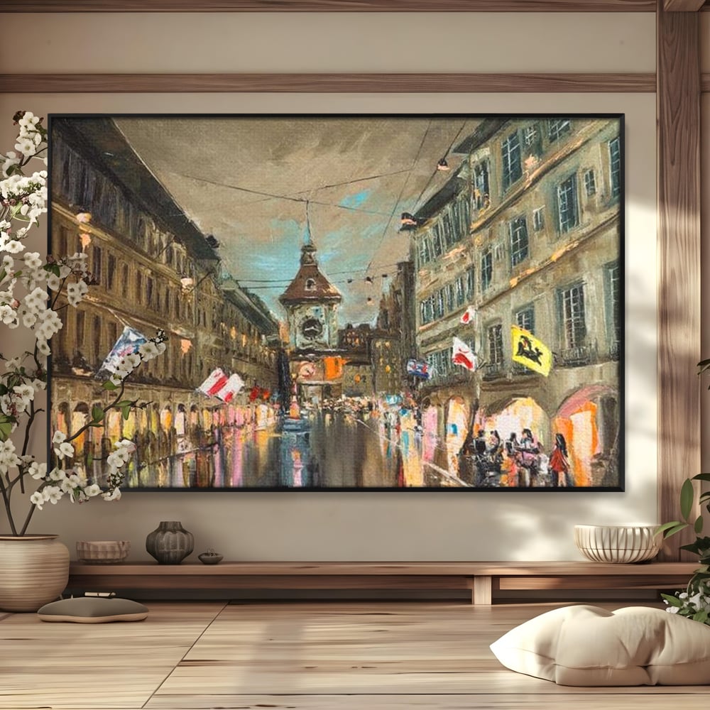 Tablou Canvas Premium, LuxCanva® O1022, Un Ceas in Zare, Istoric, Romantic, Nostalgie, Clasic, Melancolic, Noapte, European, Atmosferic, Ceas, Oras, Vechi, Ploaie, Piata, Turn, Birou, Living,