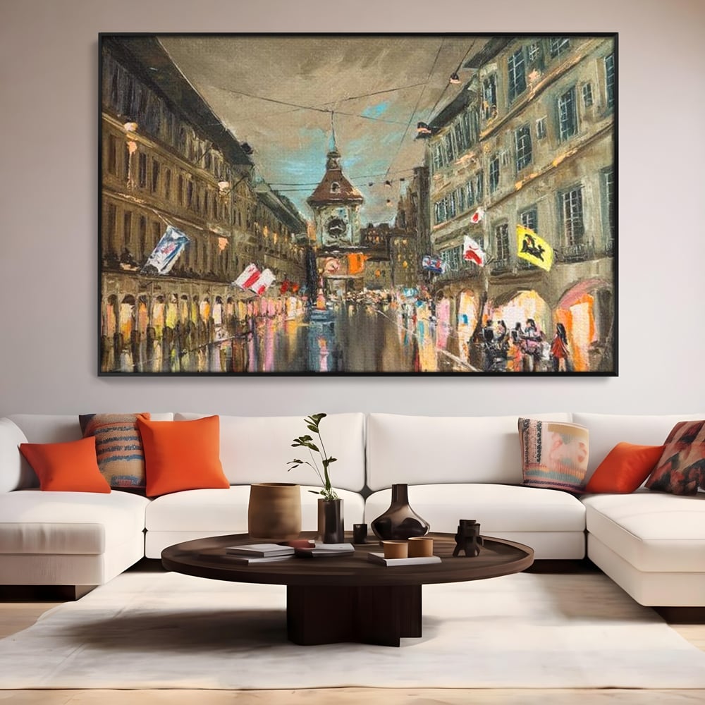 Tablou Canvas Premium, LuxCanva® O1022, Un Ceas in Zare, Istoric, Romantic, Nostalgie, Clasic, Melancolic, Noapte, European, Atmosferic, Ceas, Oras, Vechi, Ploaie, Piata, Turn, Birou, Living,