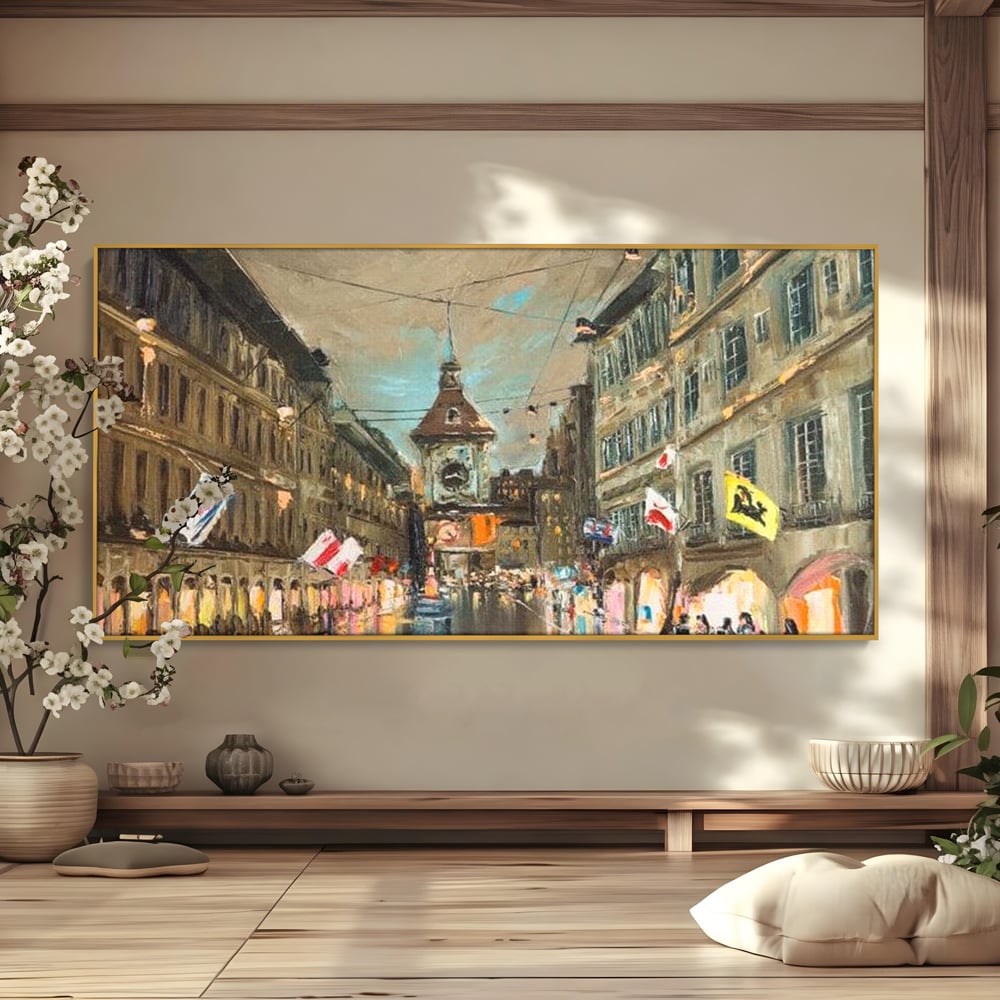 Tablou Canvas Premium, LuxCanva® O1022, Un Ceas in Zare, Istoric, Romantic, Nostalgie, Clasic, Melancolic, Noapte, European, Atmosferic, Ceas, Oras, Vechi, Ploaie, Piata, Turn, Birou, Living,