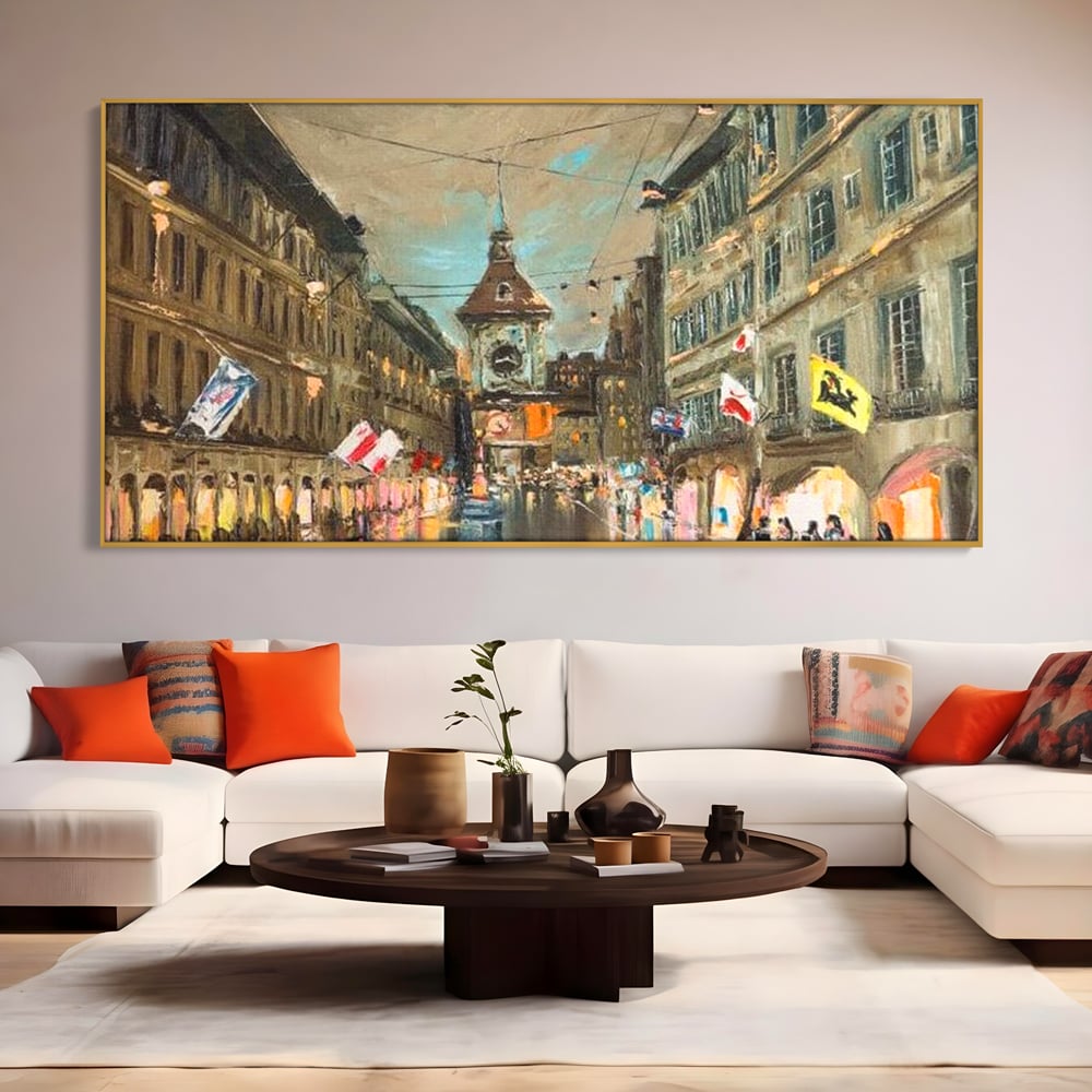 Tablou Canvas Premium, LuxCanva® O1022, Un Ceas in Zare, Istoric, Romantic, Nostalgie, Clasic, Melancolic, Noapte, European, Atmosferic, Ceas, Oras, Vechi, Ploaie, Piata, Turn, Birou, Living,