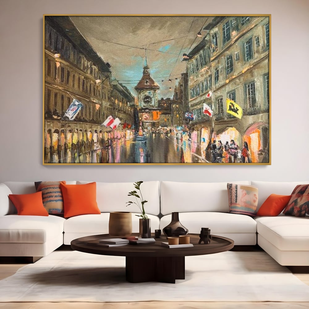 Tablou Canvas Premium, LuxCanva® O1022, Un Ceas in Zare, Istoric, Romantic, Nostalgie, Clasic, Melancolic, Noapte, European, Atmosferic, Ceas, Oras, Vechi, Ploaie, Piata, Turn, Birou, Living,