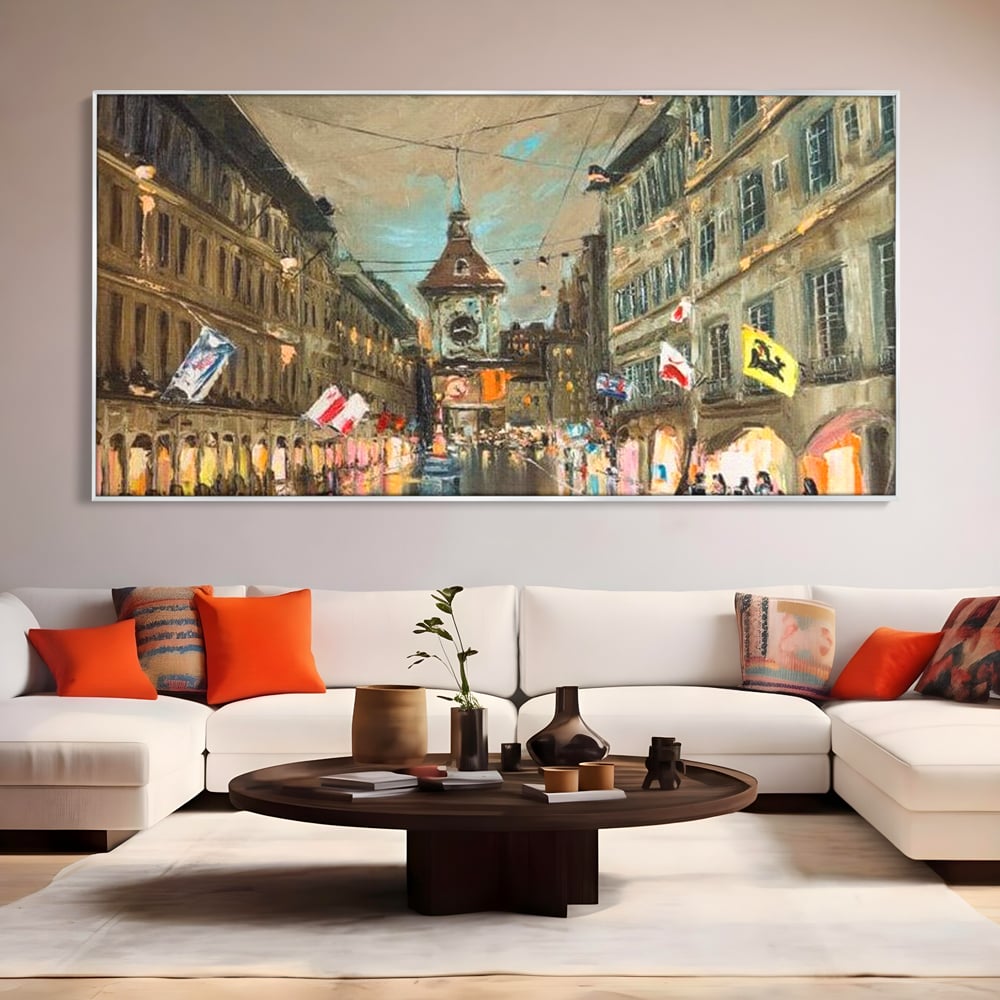 Tablou Canvas Premium, LuxCanva® O1022, Un Ceas in Zare, Istoric, Romantic, Nostalgie, Clasic, Melancolic, Noapte, European, Atmosferic, Ceas, Oras, Vechi, Ploaie, Piata, Turn, Birou, Living,