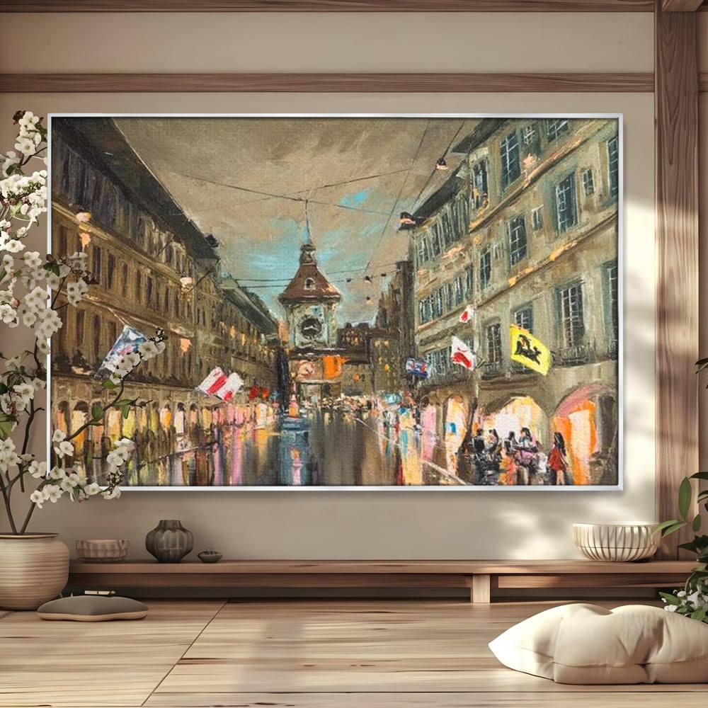 Tablou Canvas Premium, LuxCanva® O1022, Un Ceas in Zare, Istoric, Romantic, Nostalgie, Clasic, Melancolic, Noapte, European, Atmosferic, Ceas, Oras, Vechi, Ploaie, Piata, Turn, Birou, Living,