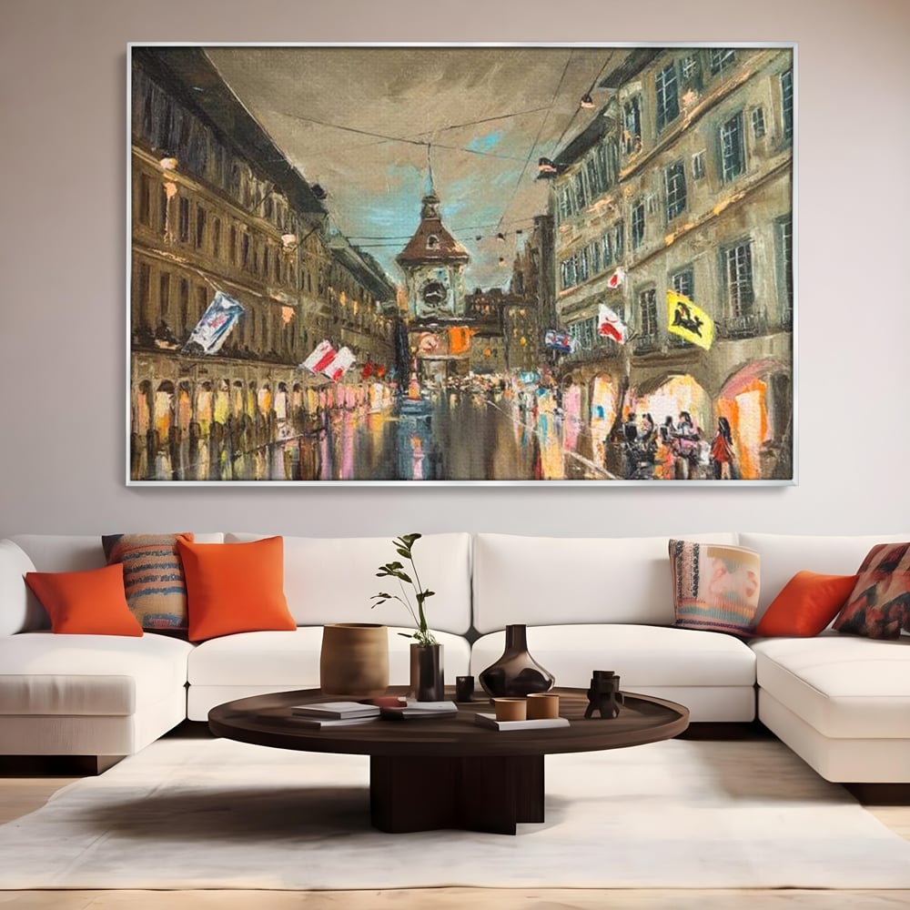 Tablou Canvas Premium, LuxCanva® O1022, Un Ceas in Zare, Istoric, Romantic, Nostalgie, Clasic, Melancolic, Noapte, European, Atmosferic, Ceas, Oras, Vechi, Ploaie, Piata, Turn, Birou, Living,