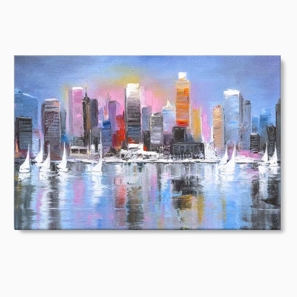 Tablou Canvas Premium, LuxCanva® O1024, Zborul Corabiilor, Pastelat, Senin, Liric, Fluid, Apus, Apa, Vele, Albastru, Roz, Inflacarat, Oglindire, Pictura, Tacere, Urban, Sticlos, Birou, Living, Dormitor