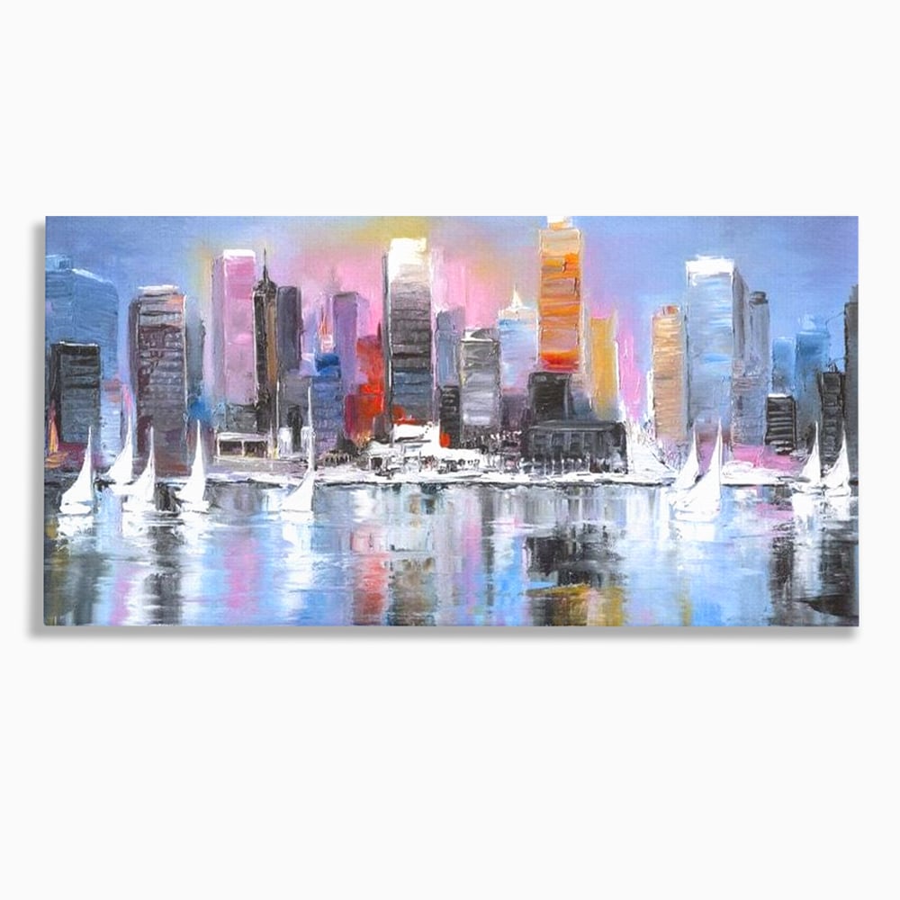 Tablou Canvas Premium, LuxCanva® O1024, Zborul Corabiilor, Pastelat, Senin, Liric, Fluid, Apus, Apa, Vele, Albastru, Roz, Inflacarat, Oglindire, Pictura, Tacere, Urban, Sticlos, Birou, Living, Dormitor