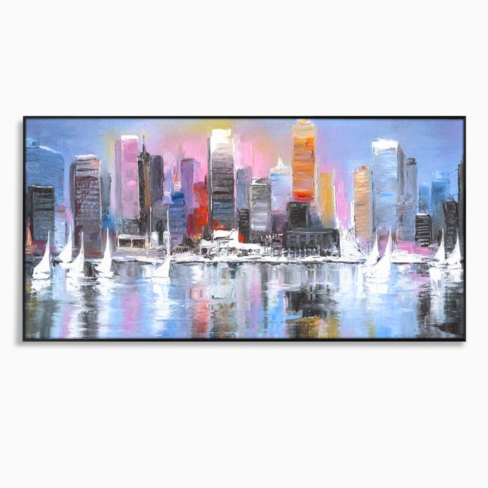 Tablou Canvas Premium, LuxCanva® O1024, Zborul Corabiilor, Pastelat, Senin, Liric, Fluid, Apus, Apa, Vele, Albastru, Roz, Inflacarat, Oglindire, Pictura, Tacere, Urban, Sticlos, Birou, Living, Dormitor