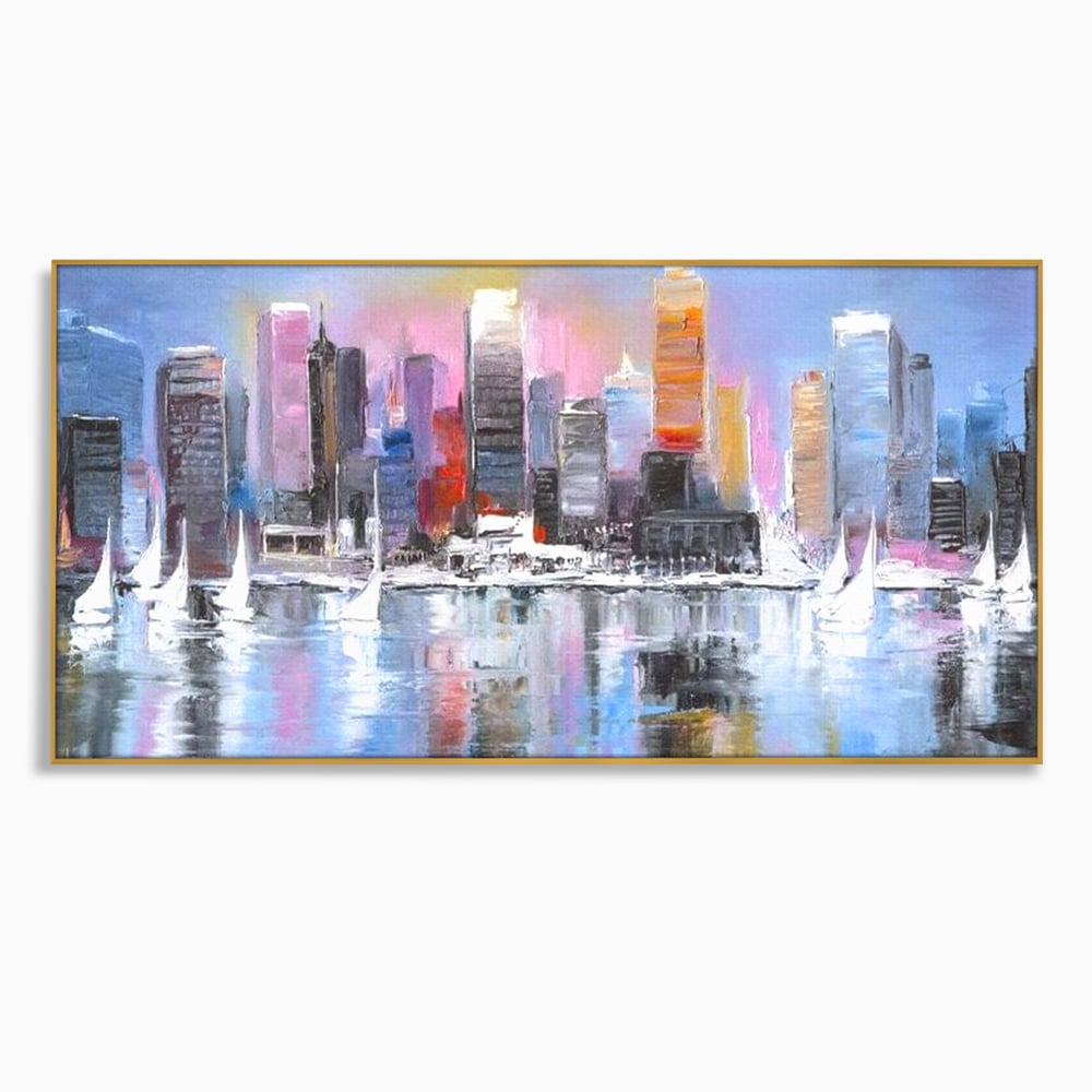 Tablou Canvas Premium, LuxCanva® O1024, Zborul Corabiilor, Pastelat, Senin, Liric, Fluid, Apus, Apa, Vele, Albastru, Roz, Inflacarat, Oglindire, Pictura, Tacere, Urban, Sticlos, Birou, Living, Dormitor