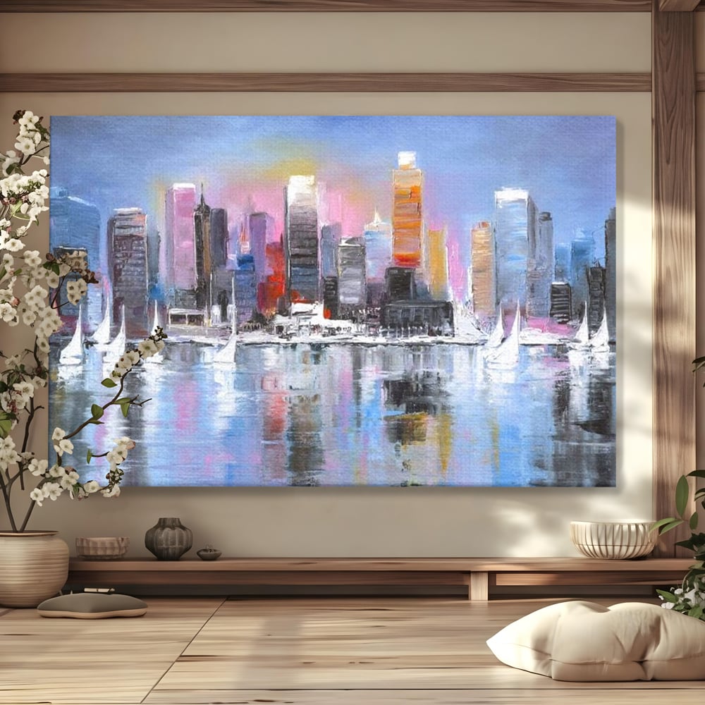 Tablou Canvas Premium, LuxCanva® O1024, Zborul Corabiilor, Pastelat, Senin, Liric, Fluid, Apus, Apa, Vele, Albastru, Roz, Inflacarat, Oglindire, Pictura, Tacere, Urban, Sticlos, Birou, Living, Dormitor