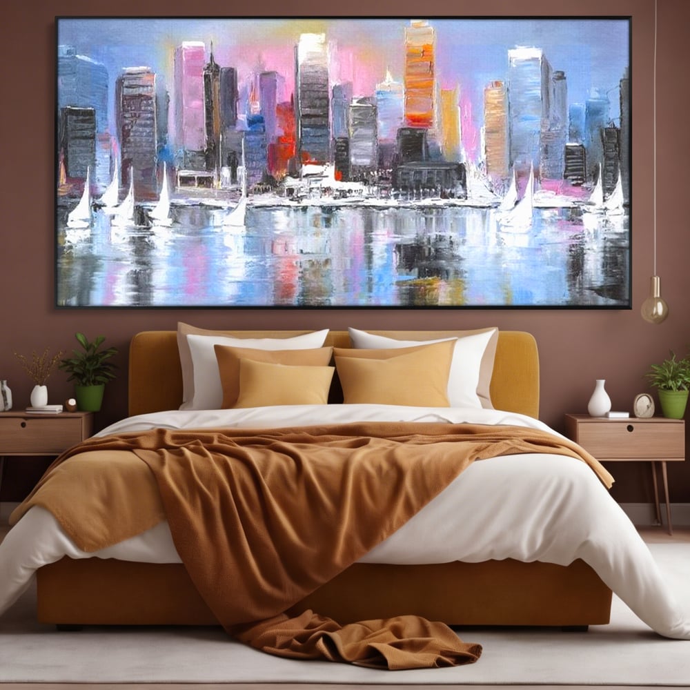 Tablou Canvas Premium, LuxCanva® O1024, Zborul Corabiilor, Pastelat, Senin, Liric, Fluid, Apus, Apa, Vele, Albastru, Roz, Inflacarat, Oglindire, Pictura, Tacere, Urban, Sticlos, Birou, Living, Dormitor