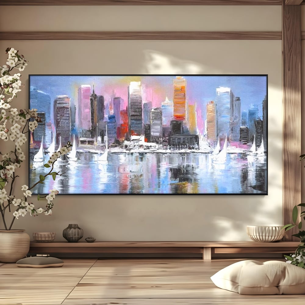 Tablou Canvas Premium, LuxCanva® O1024, Zborul Corabiilor, Pastelat, Senin, Liric, Fluid, Apus, Apa, Vele, Albastru, Roz, Inflacarat, Oglindire, Pictura, Tacere, Urban, Sticlos, Birou, Living, Dormitor