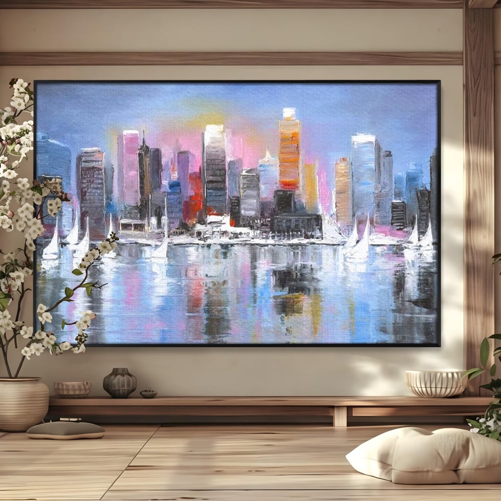Tablou Canvas Premium, LuxCanva® O1024, Zborul Corabiilor, Pastelat, Senin, Liric, Fluid, Apus, Apa, Vele, Albastru, Roz, Inflacarat, Oglindire, Pictura, Tacere, Urban, Sticlos, Birou, Living, Dormitor