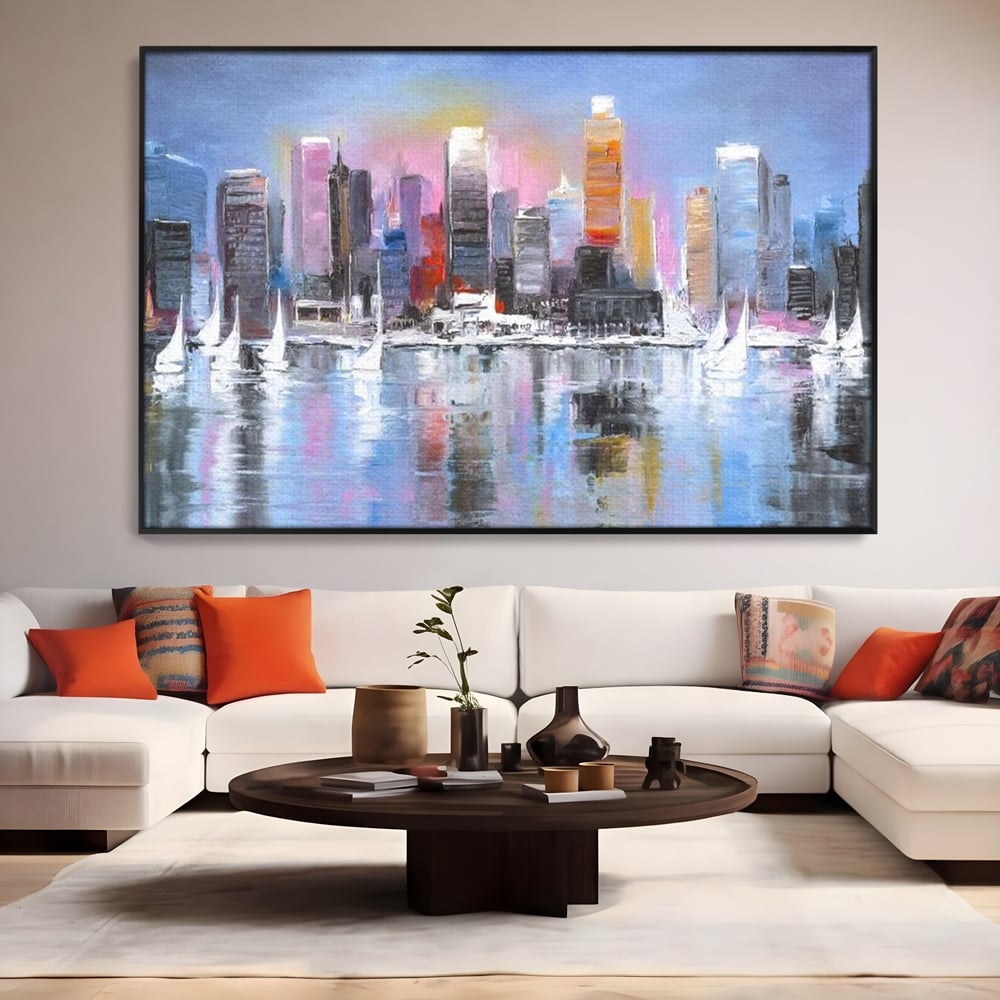 Tablou Canvas Premium, LuxCanva® O1024, Zborul Corabiilor, Pastelat, Senin, Liric, Fluid, Apus, Apa, Vele, Albastru, Roz, Inflacarat, Oglindire, Pictura, Tacere, Urban, Sticlos, Birou, Living, Dormitor