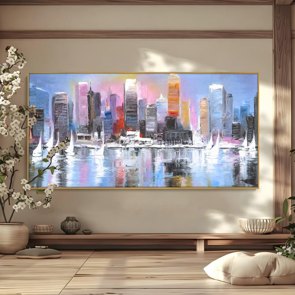 Tablou Canvas Premium, LuxCanva® O1024, Zborul Corabiilor, Pastelat, Senin, Liric, Fluid, Apus, Apa, Vele, Albastru, Roz, Inflacarat, Oglindire, Pictura, Tacere, Urban, Sticlos, Birou, Living, Dormitor